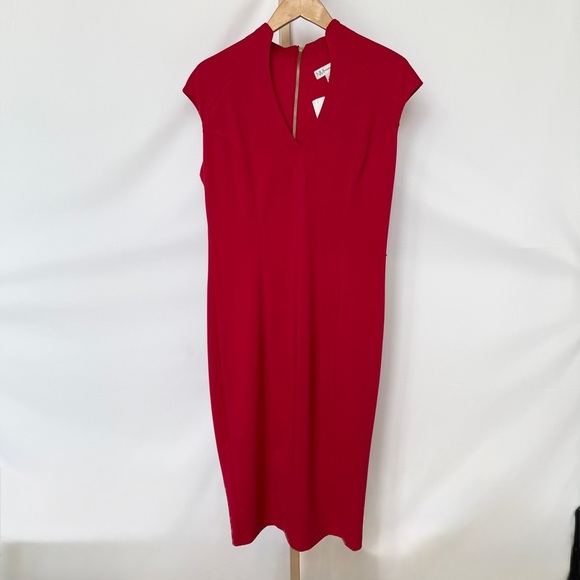 NWT!! Neiman Marcus Women's Red V-Neck Cap Sleeve Midi Dress Size L Gold Zipper - Picture 4 of 16